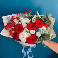 Crimson Charm” – Red Roses, White Roses, Dianthuses, Craspedia, Matthiolas, and Eucalyptus